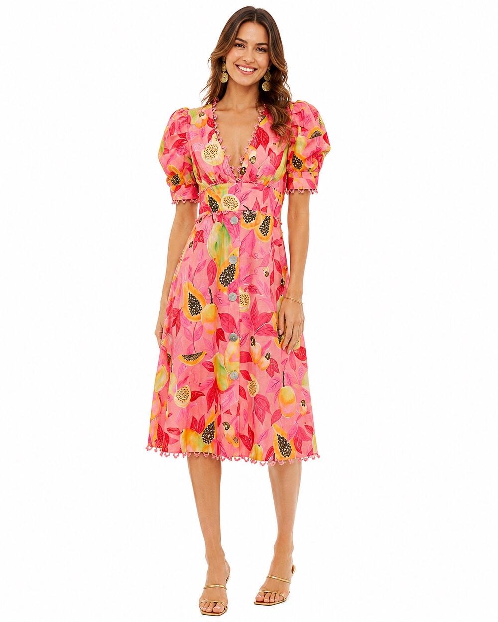 FARM RIO Papaya Puff Sleeve Linen Midi Dress